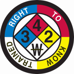 RIGHT TO KNOW TRAINED Hard Hat Labels, 2" Dia x 0.004" D, Card of 4 Labels, Black/Blue/Red/Yellow on White