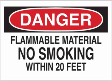 DANGER Flammable Material No Smoking Within 20 Feet Sign, 10" H x 14" W x 0.035" D, Aluminum
