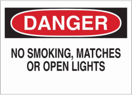 DANGER No Smoking, Matches Or Open Lights Sign, 10" H x 14" W x 0.035" D, Aluminum