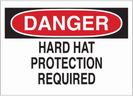 DANGER Hard Hat Protection Required Sign, 10" H x 14" W x 0.035" D, Aluminum