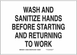 Wash And Sanitize Hands Before Starting And Returning To Work Sign, 10" H x 14" W x 0.035" D, Aluminum
