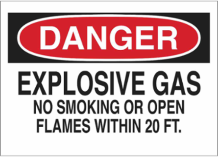 Danger Explosive Gas No Smoking Or Open Flames Within 20 Ft Sign, 10" H x 14" W x 0.035" D, Aluminum