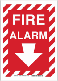 Fire Alarm Sign, 14" H x 10" W x 0.035" D, White on Red, Aluminum