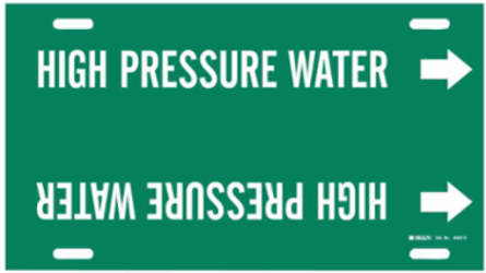 Snap-On Pipe Marker: HIGH PRESSURE WATER, 10" H x 32" W, Fits Pipes 10" Dia. Thru 15" Dia.