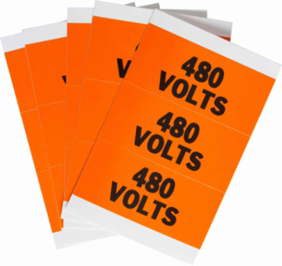 Porta-Pack 480 VOLTS Labels, 0.563" H x 3.25" W x 0.0073" D, Black on Orange