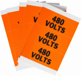 Porta-Pack 480 VOLTS Labels, 0.563" H x 3.25" W x 0.0073" D, Black on Orange