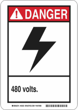 DANGER 480 Volts Sign, 10" H x 7" W x 0.06" D, Polystyrene