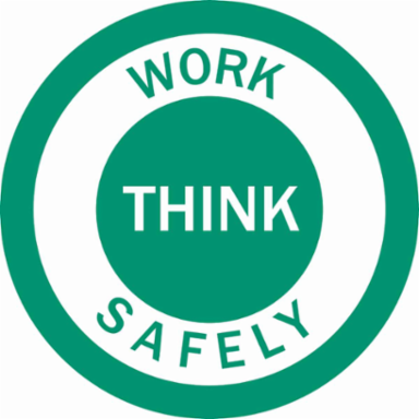 WORK SAFELY/THINK Hard Hat Labels, 2" Dia, Card of 4 Labels, Green on White