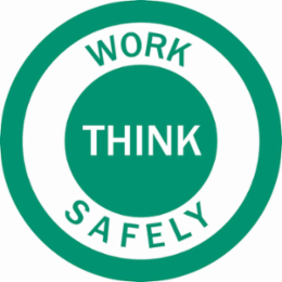 WORK SAFELY/THINK Hard Hat Labels, 2" Dia, Card of 4 Labels, Green on White