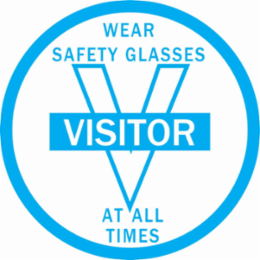 WEAR SAFETY GLASSES AT ALL TIMES VISITOR Hard Hat Labels, 2" Dia, Card of 4 Labels, Blue on White