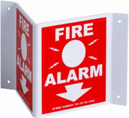V Fire Alarm Sign, 5.5" H x 10" W x 0.1" D, White on Red, Plastic