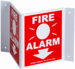 V Fire Alarm Sign, 5.5" H x 10" W x 0.1" D, White on Red, Plastic