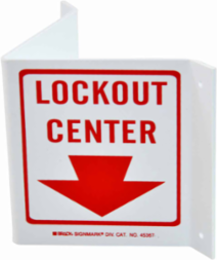 V Lockout Center Sign, 5.5" H x 10" W x 0.1" D, Plastic