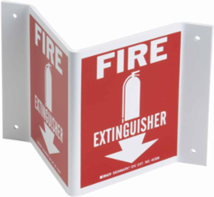 V Fire Extinguisher Sign, 5.5" H x 10" W x .035" D, White on Red, Plastic