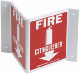 V Fire Extinguisher Sign, 5.5" H x 10" W x .035" D, White on Red, Plastic