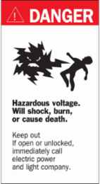 DANGER HAZARDOUS VOLTAGE INSIDE Sign, 8" H x 4.5" W x 0.0035" D, Black/Red on White