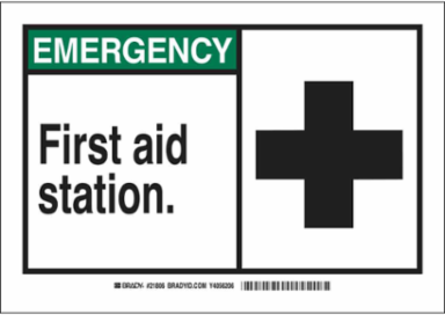 EMERGENCY First Aid Station. Sign, 10" H x 14" W x 0.035" D, Aluminum