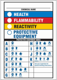 Chemical Name Health Flammability Reactivity Protective Equipment Sign, 10" H x 7" W x 0.035" D, Aluminum