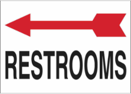 Restrooms Left Arrow Sign, 10" H x 14" W x 0.035" D, Aluminum