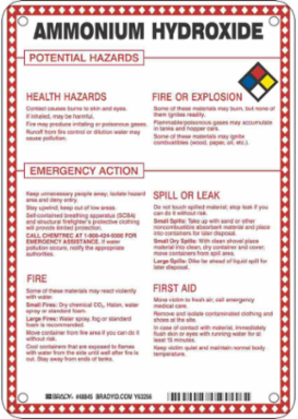 Ammonium Hydroxide Hazard Sign 10 Inch H x 7 Inch W, Chemical & Abrasion Resistant