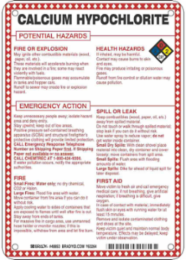 Calcium Hypochlorite Potential Hazards Sign, 10" H x 7" W x 0.1" D, Black/Blue/Red/Yellow on White