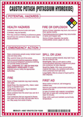 Caustic Potash (Potassium Hydroxide) Potential Hazards Sign, 10" H x 7" W x 0.1" D, Black/Blue/Red/Yellow on White