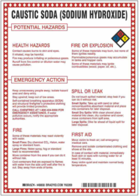 Caustic Soda (Sodium Hydroxide) Potential Hazards Sign, 10" H x 7" W x 0.1" D, Black/Blue/Red/Yellow on White