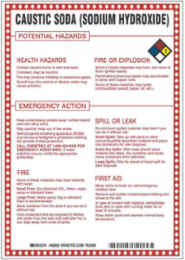Caustic Soda (Sodium Hydroxide) Potential Hazards Sign, 10" H x 7" W x 0.1" D, Black/Blue/Red/Yellow on White