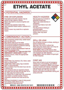 Ethyl Acetate Potential Hazards Sign, 10" H x 7" W x 0.1" D, Black/Blue/Red/Yellow on White