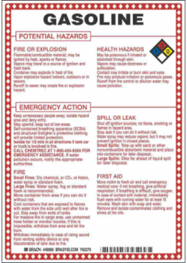 Gasoline Potential Hazards Sign, 10" H x 7" W x 0.1" D, Black/Blue/Red/Yellow on White