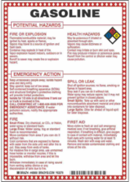Gasoline Potential Hazards Sign, 10" H x 7" W x 0.1" D, Black/Blue/Red/Yellow on White