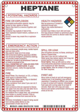 Heptane Potential Hazards Sign, 10" H x 7" W x 0.1" D, Black/Blue/Red/Yellow on White