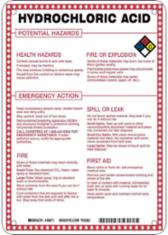 Hydrochloric Acid Potential Hazards Sign, 10" H x 7" W x 0.1" D, Black/Blue/Red/Yellow on White