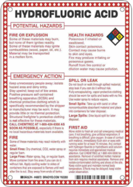 Hydrofluoric Acid Potential Hazards Sign, 10" H x 7" W x 0.1" D, Black/Blue/Red/Yellow on White