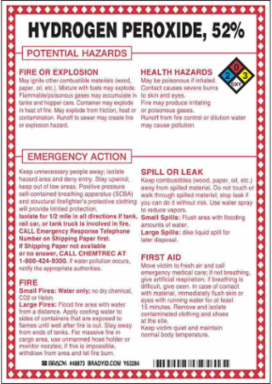 Hydrogen Peroxide, 52% Potential Hazards Sign, 10" H x 7" W x 0.1" D, Black/Blue/Red/Yellow on White