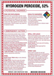 Hydrogen Peroxide, 52% Potential Hazards Sign, 10" H x 7" W x 0.1" D, Black/Blue/Red/Yellow on White