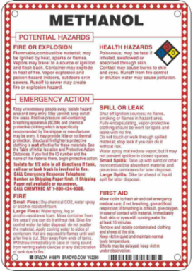 Methanol Potential Hazards Sign, 10" H x 7" W x 0.1" D, Black/Blue/Red/Yellow on White