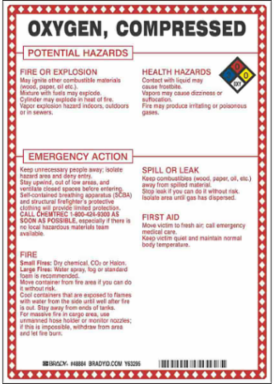 Oxygen, Compressed Potential Hazards Sign, 10" H x 7" W x 0.1" D, Black/Blue/Red/Yellow on White