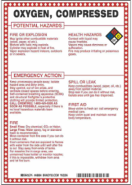 Oxygen, Compressed Potential Hazards Sign, 10" H x 7" W x 0.1" D, Black/Blue/Red/Yellow on White