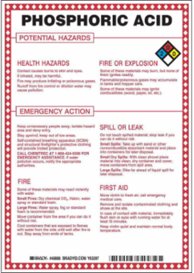 Phosphoric Acid Potential Hazards Sign, 10" H x 7" W x 0.1" D, Black/Blue/Red/Yellow on White