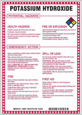 Potassium Hydroxide Potential Hazards Sign, 10" H x 7" W x 0.1" D, Black/Blue/Red/Yellow on White