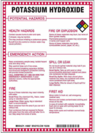 Potassium Hydroxide Potential Hazards Sign, 10" H x 7" W x 0.1" D, Black/Blue/Red/Yellow on White