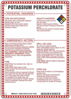 Potassium Perchlorate Potential Hazards Sign, 10" H x 7" W x 0.1" D, Black/Blue/Red/Yellow on White