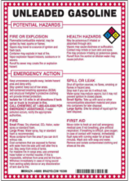 Unleaded Gasoline Potential Hazards Sign, 10" H x 7" W x 0.1" D, Black/Blue/Red/Yellow on White