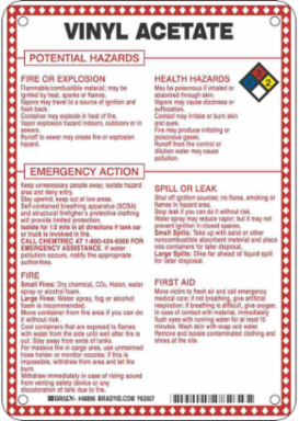 Vinyl Acetate Potential Hazards Sign, 10" H x 7" W x 0.1" D, Black/Blue/Red/Yellow on White