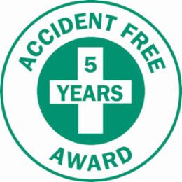 ACCIDENT FREE 5 YEARS AWARD Hard Hat Labels, 2 Inch Diameter, Vinyl, Card of 4