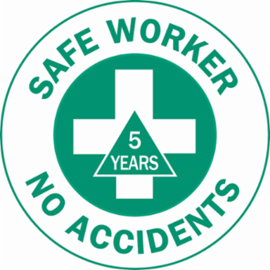 SAFE WORKER NO ACCIDENTS 5 YEARS Hard Hat Labels, 2" Dia, Card of 4 Labels, Green on White