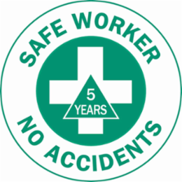 SAFE WORKER NO ACCIDENTS 5 YEARS Hard Hat Labels, 2" Dia, Card of 4 Labels, Green on White