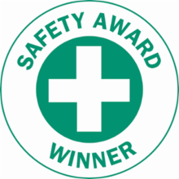 SAFETY AWARD WINNER Hard Hat Labels, 2" Dia, Card of 4 Labels, Green on White