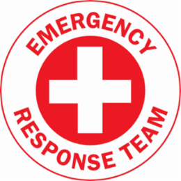EMERGENCY RESPONSE TEAM Hard Hat Labels, 2" Dia, Card of 4 Labels, Red on White